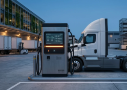 High-power commercial EV charger delivering rapid DC fast charging to an electric logistics van at a European fleet depot.