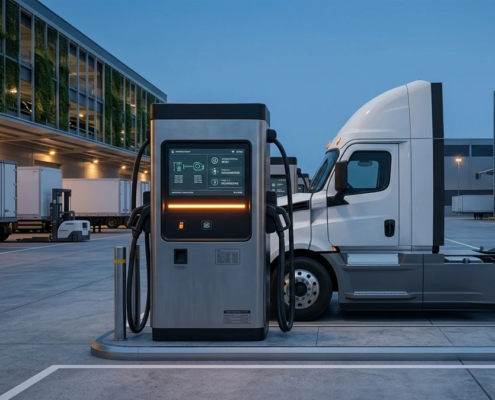 High-power commercial EV charger delivering rapid DC fast charging to an electric logistics van at a European fleet depot.