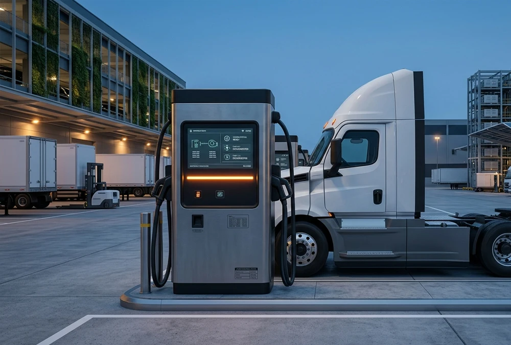 High-power commercial EV charger delivering rapid DC fast charging to an electric logistics van at a European fleet depot.
