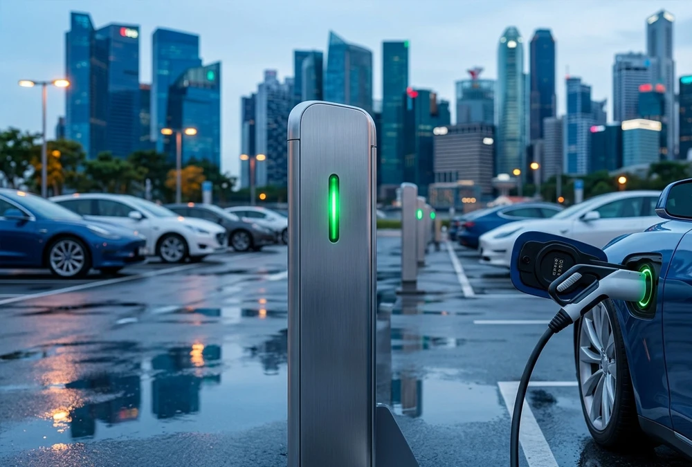 Commercial Level 2 EV charger in a modern office parking lot during dusk