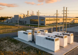 A commercial lithium battery energy storage system powering an industrial manufacturing plant.