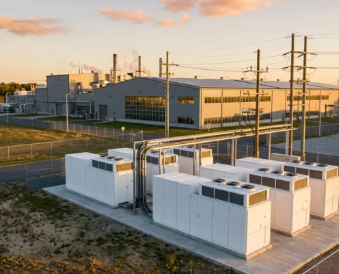 A commercial lithium battery energy storage system powering an industrial manufacturing plant.