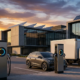 Commercial V2B bidirectional charging system powering an industrial office building integrated with solar panels.
