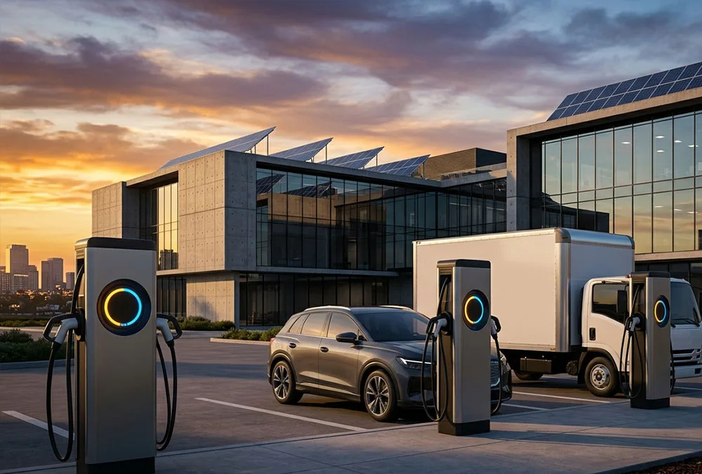Commercial V2B bidirectional charging system powering an industrial office building integrated with solar panels.