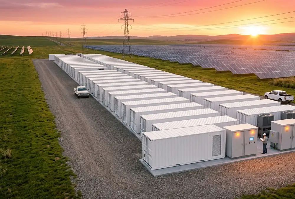 Utility-scale containerized grid scale battery storage system array co-located with a solar farm