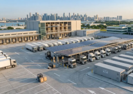 Containerized BESS energy storage integrated into electric truck megawatt charging infrastructure.
