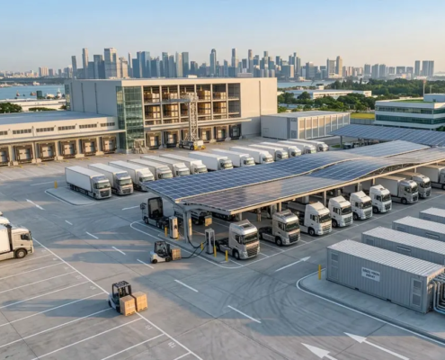 Containerized BESS energy storage integrated into electric truck megawatt charging infrastructure.