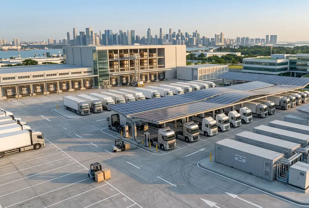 Containerized BESS energy storage integrated into electric truck megawatt charging infrastructure.