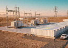 High-voltage grid scale battery storage system containers connected to a utility power grid substation