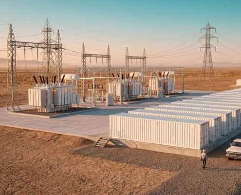 High-voltage grid scale battery storage system containers connected to a utility power grid substation