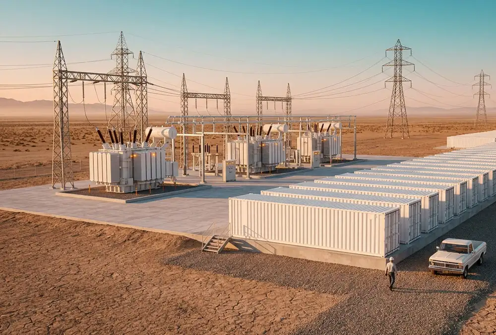 High-voltage grid scale battery storage system containers connected to a utility power grid substation