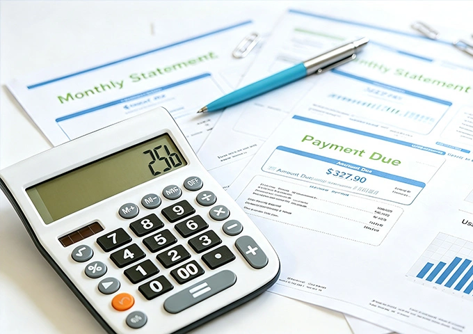 Calculator and household electricity bills showing energy savings with residential solar battery storage