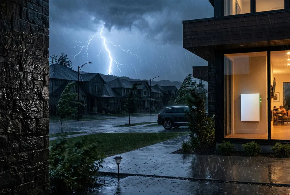 A modern home fully powered by a residential energy storage system during a neighborhood power outage.