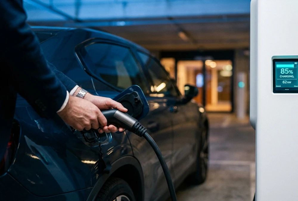 Hotel guest connecting a smart commercial EV charging plug into an electric vehicle