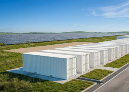 High-voltage grid scale battery storage system container array working beside a utility substation