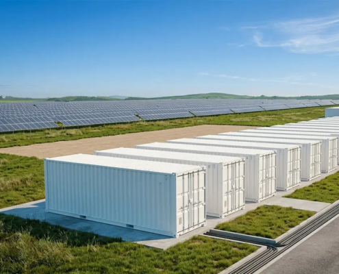High-voltage grid scale battery storage system container array working beside a utility substation