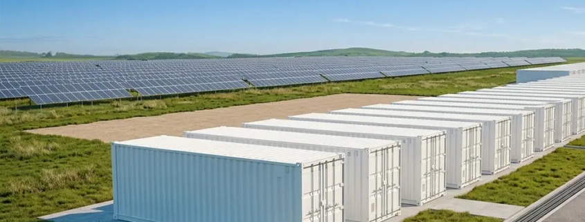 High-voltage grid scale battery storage system container array working beside a utility substation