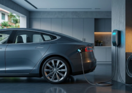 Modern garage showing Level 1 vs Level 2 EV charging setup connected to an electric vehicle
