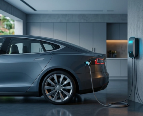 Modern garage showing Level 1 vs Level 2 EV charging setup connected to an electric vehicle