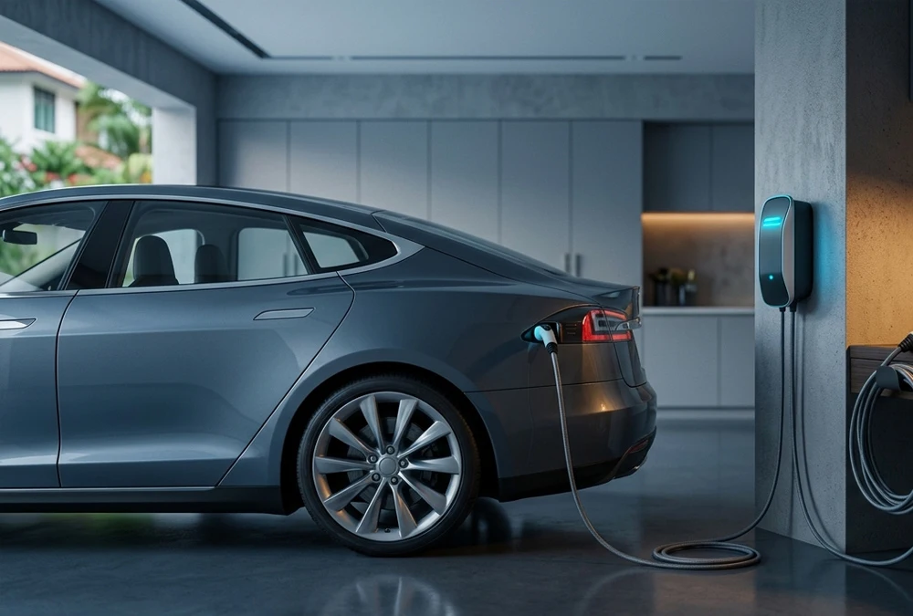 Modern garage showing Level 1 vs Level 2 EV charging setup connected to an electric vehicle