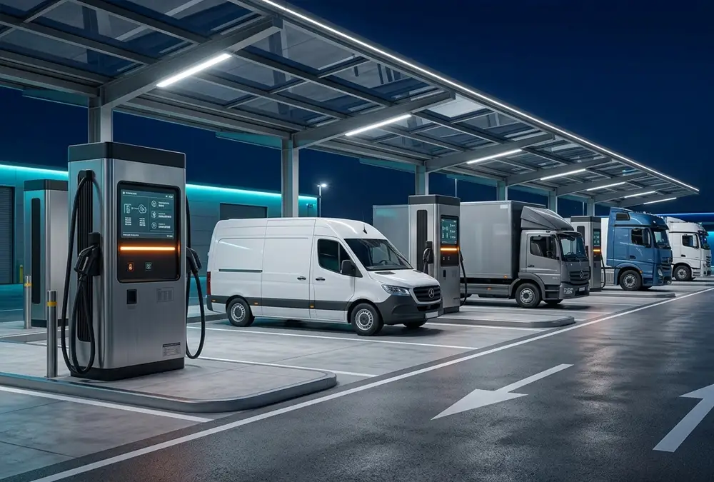 Row of ultra-fast 360kW level 3 commercial EV chargers operating at a modern European highway charging plaza.