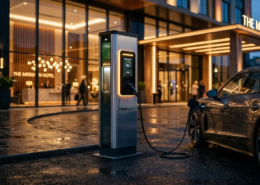A sleek luxury electric vehicle charging at a hotel entrance EV station during dusk
