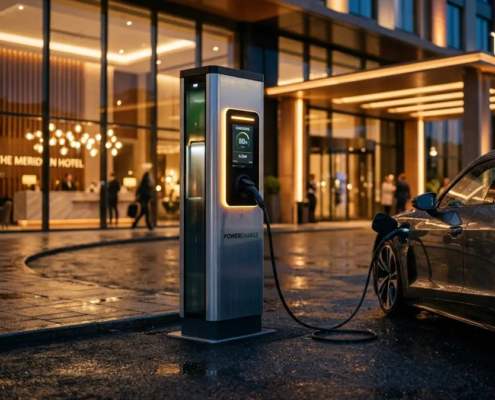 A sleek luxury electric vehicle charging at a hotel entrance EV station during dusk
