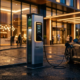 A sleek luxury electric vehicle charging at a hotel entrance EV station during dusk