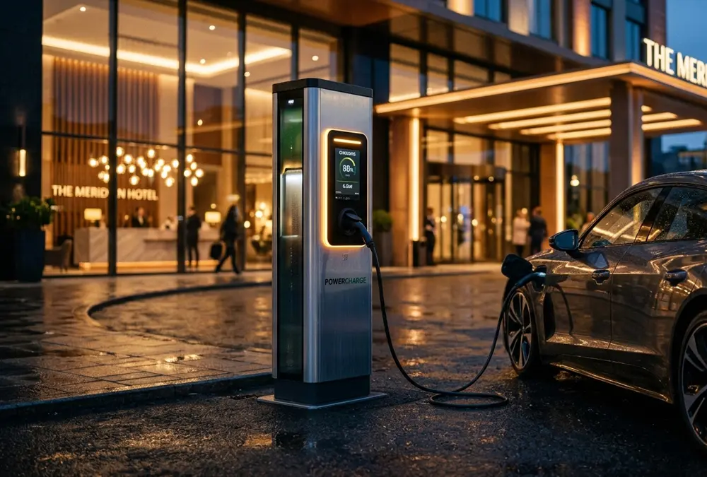 A sleek luxury electric vehicle charging at a hotel entrance EV station during dusk