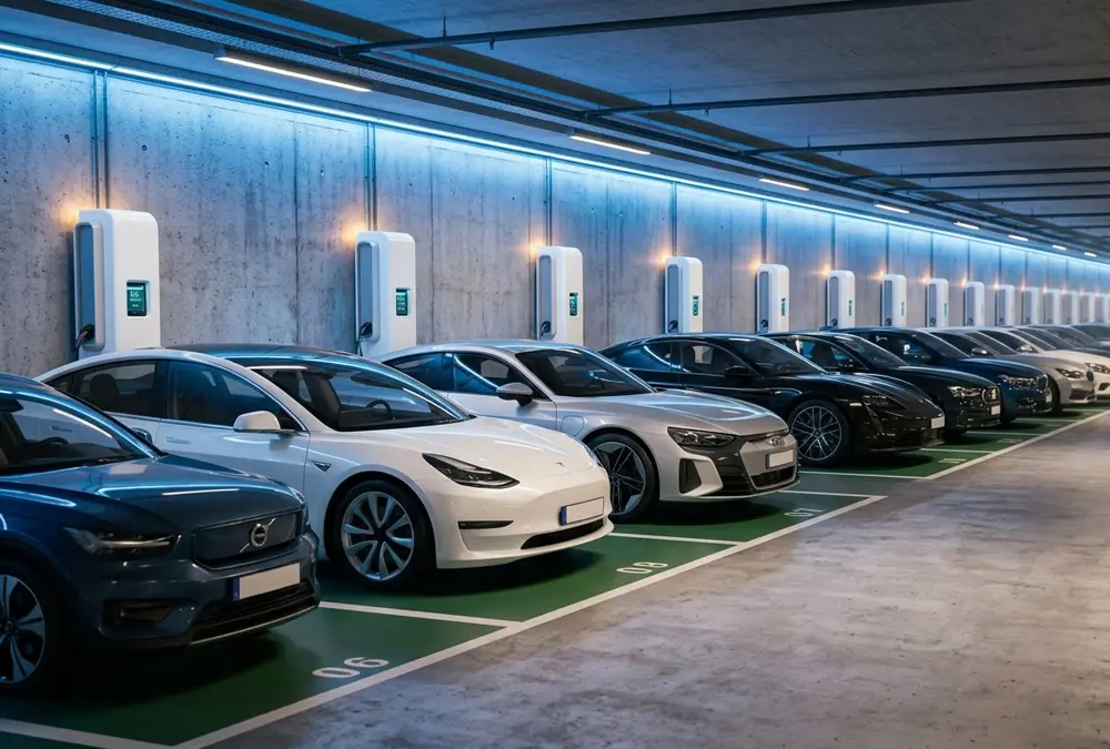 A dedicated row of commercial EV charging stations in a modern hotel underground parking space