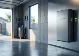 A modern wall-mounted residential energy storage system installed in a clean suburban garage.