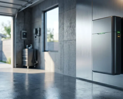 A modern wall-mounted residential energy storage system installed in a clean suburban garage.