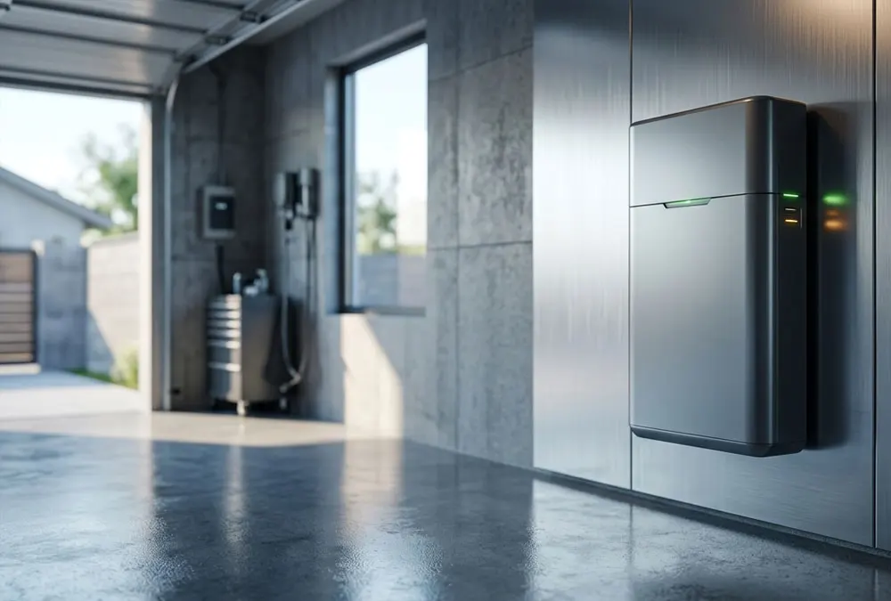 A modern wall-mounted residential energy storage system installed in a clean suburban garage.