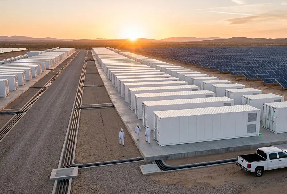 Utility scale battery storage solutions co-located with a solar farm showing how grid scale battery storage works