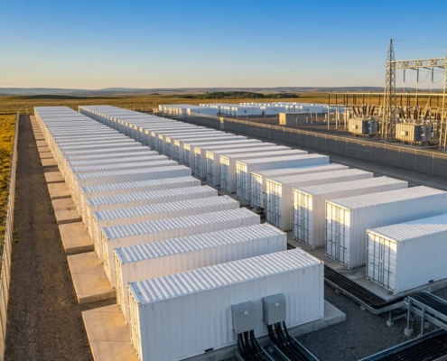 Utility-scale battery storage system containers connected to a high-voltage grid substation.