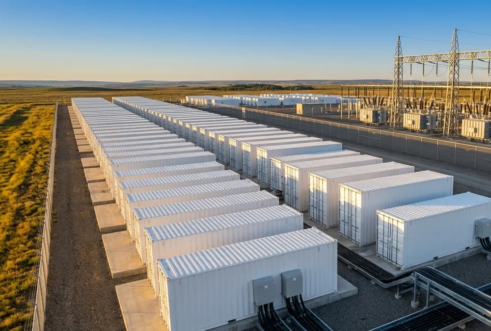 Utility-scale battery storage system containers connected to a high-voltage grid substation.