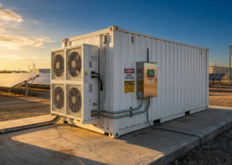 Containerized hybrid battery energy storage system deployed outdoors alongside solar panels for commercial power support
