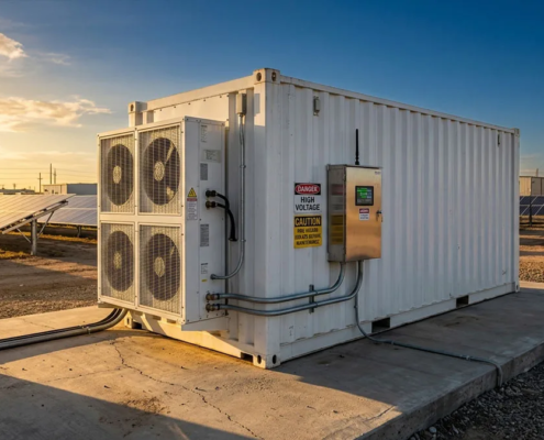 Containerized hybrid battery energy storage system deployed outdoors alongside solar panels for commercial power support