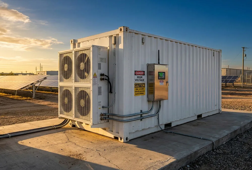 Containerized hybrid battery energy storage system deployed outdoors alongside solar panels for commercial power support