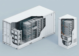 3D isometric cutaway illustration comparing liquid-cooled C&I cabinet BESS and containerized BESS structural architectures
