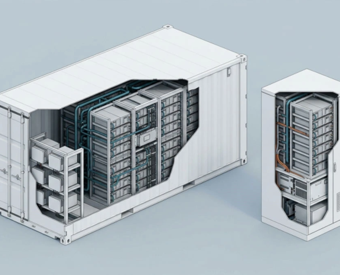 3D isometric cutaway illustration comparing liquid-cooled C&I cabinet BESS and containerized BESS structural architectures