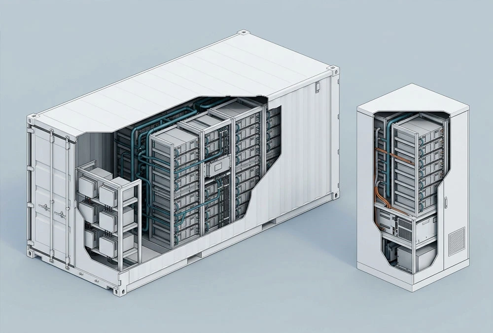 3D isometric cutaway illustration comparing liquid-cooled C&I cabinet BESS and containerized BESS structural architectures
