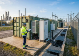 Engineer inspecting liquid-cooled battery racks inside a 5MWh BESS container