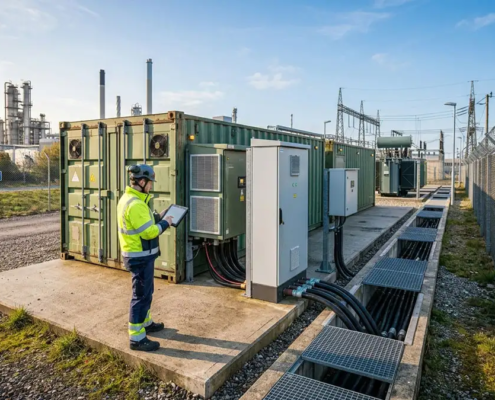 Engineer inspecting liquid-cooled battery racks inside a 5MWh BESS container