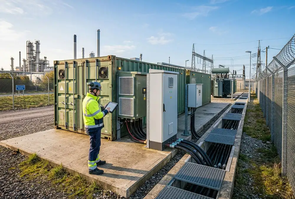 Engineer inspecting liquid-cooled battery racks inside a 5MWh BESS container