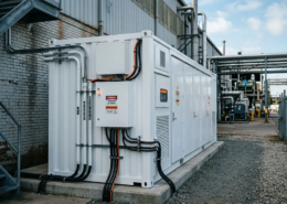 Compact outdoor liquid-cooled C&I energy storage cabinet installed behind the meter at an industrial facility