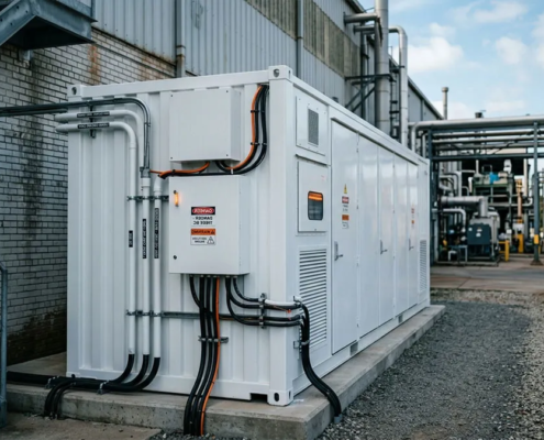 Compact outdoor liquid-cooled C&I energy storage cabinet installed behind the meter at an industrial facility
