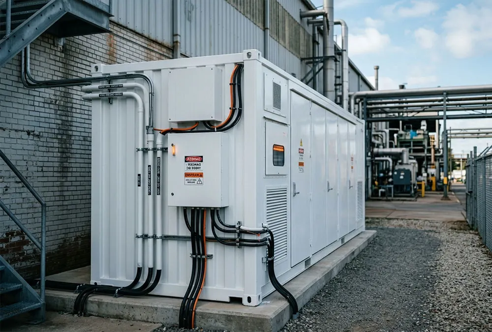 Compact outdoor liquid-cooled C&I energy storage cabinet installed behind the meter at an industrial facility