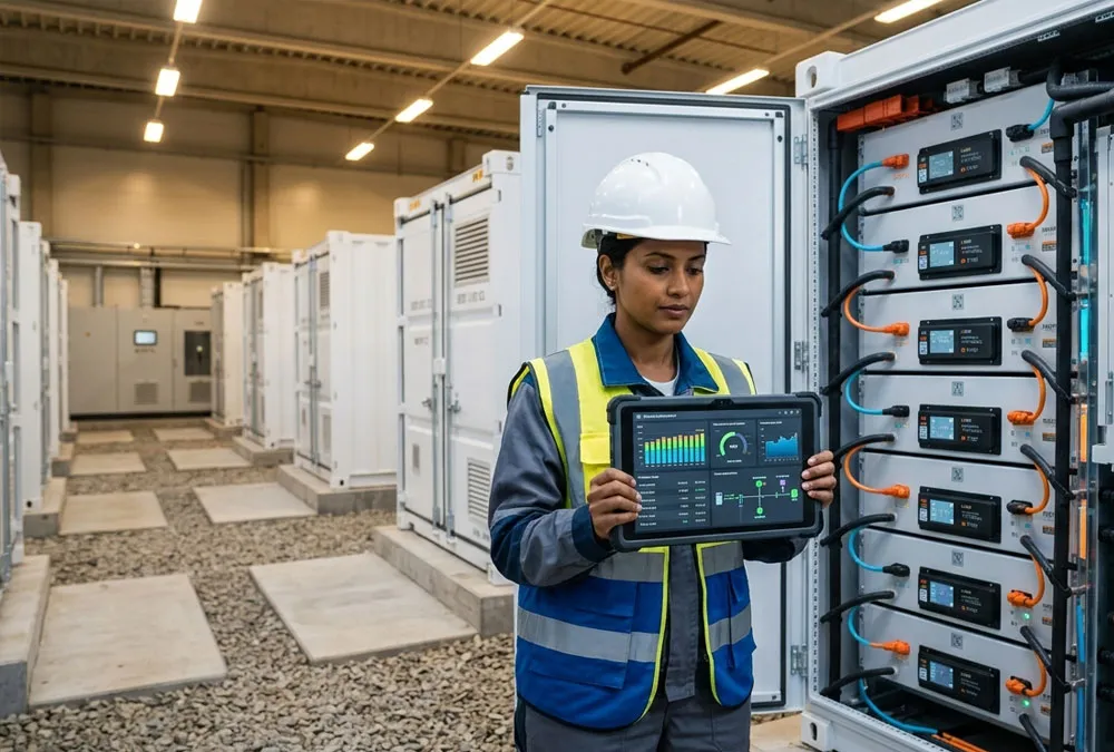 Female electrical engineer checking a high-voltage battery storage rack in a data center power room