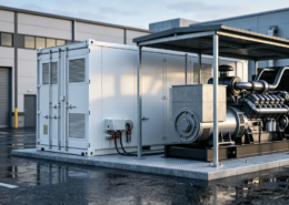 Modern commercial battery backup cabinet system paired with a industrial standby diesel generator set at a commercial facility